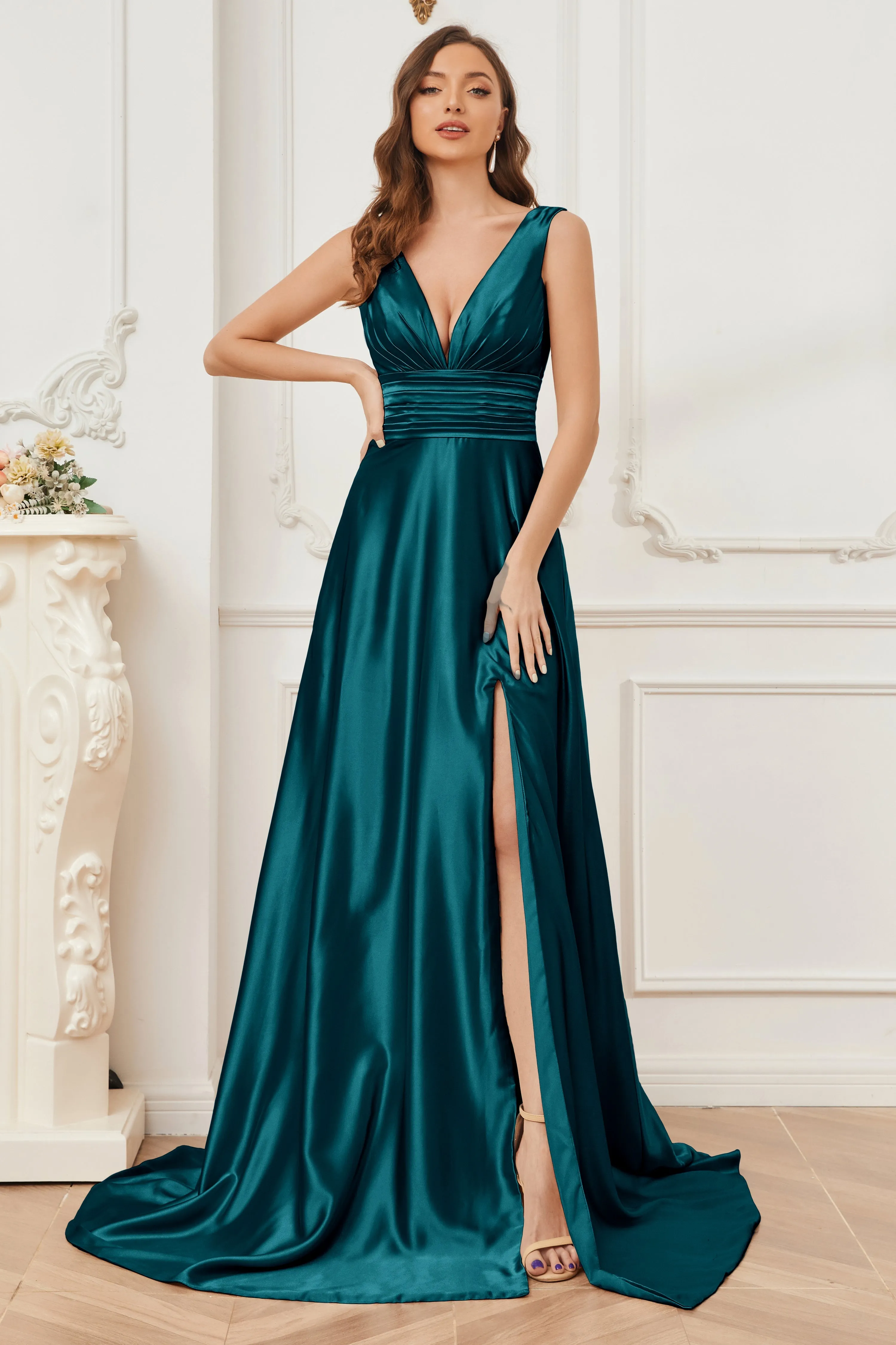 A-line V-neck Sleeveless Soft Satin Long Bridesmaid Dress