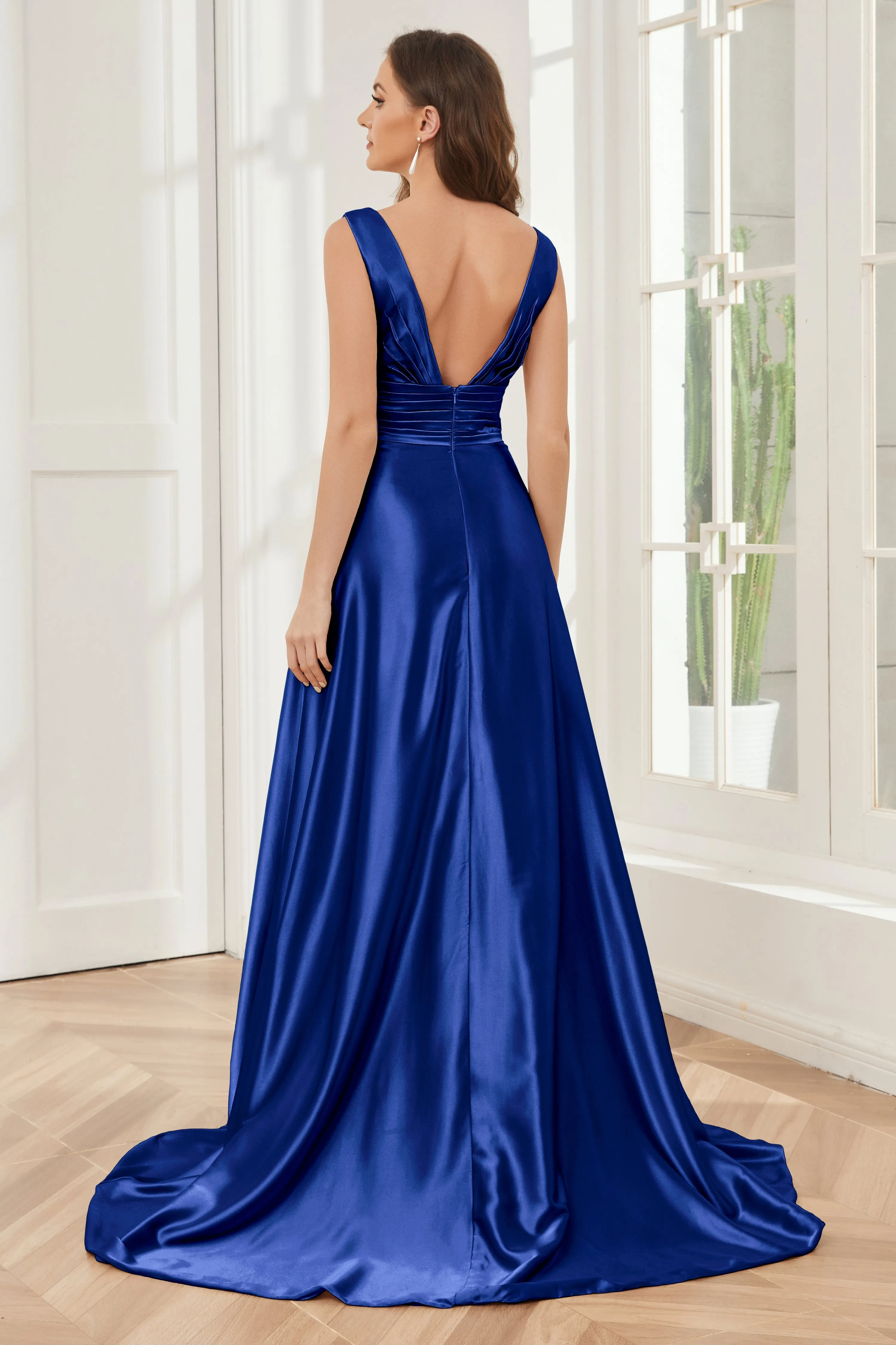 A-line V-neck Sleeveless Soft Satin Long Bridesmaid Dress