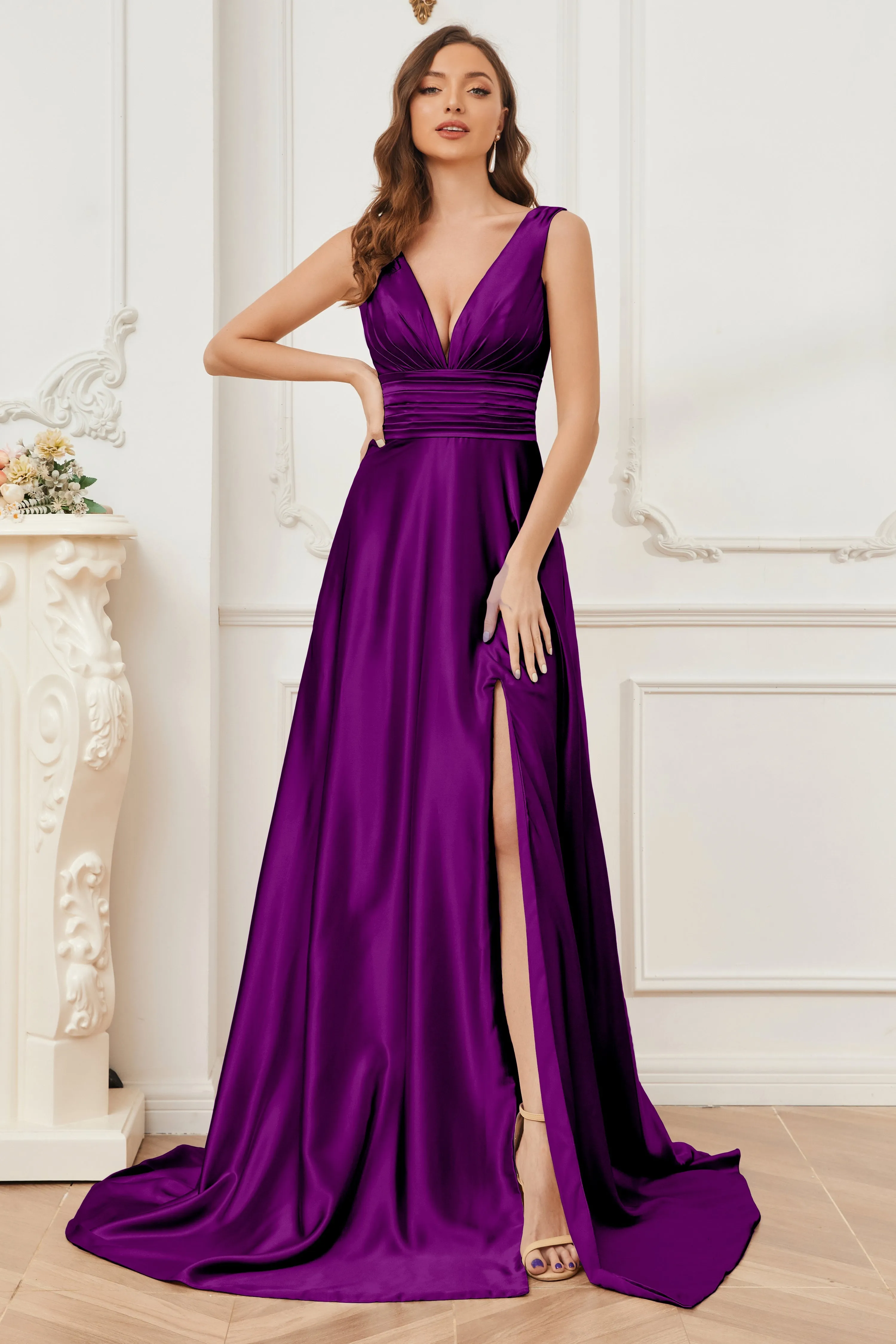A-line V-neck Sleeveless Soft Satin Long Bridesmaid Dress