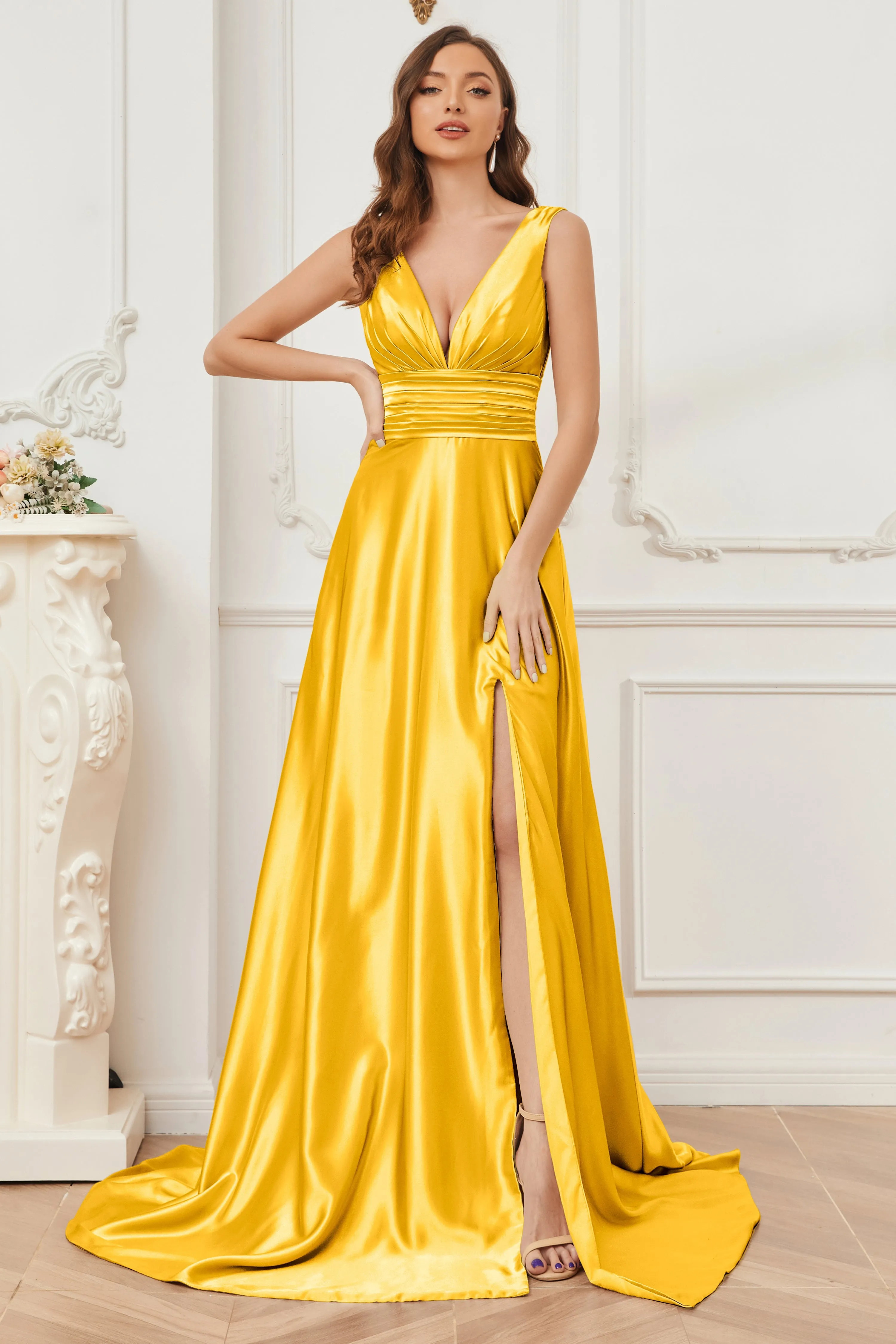 A-line V-neck Sleeveless Soft Satin Long Bridesmaid Dress
