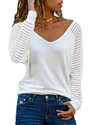 Actloe Women's Striped Mesh Patchwork Top