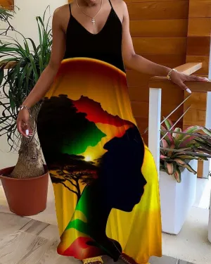 Africa Map Black Girl Printed Suspender Dress