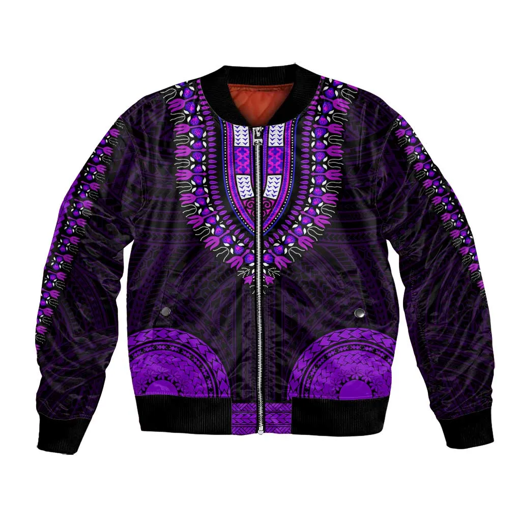 African Dashiki and Polynesian Pattern Bomber Jacket Purple LT9