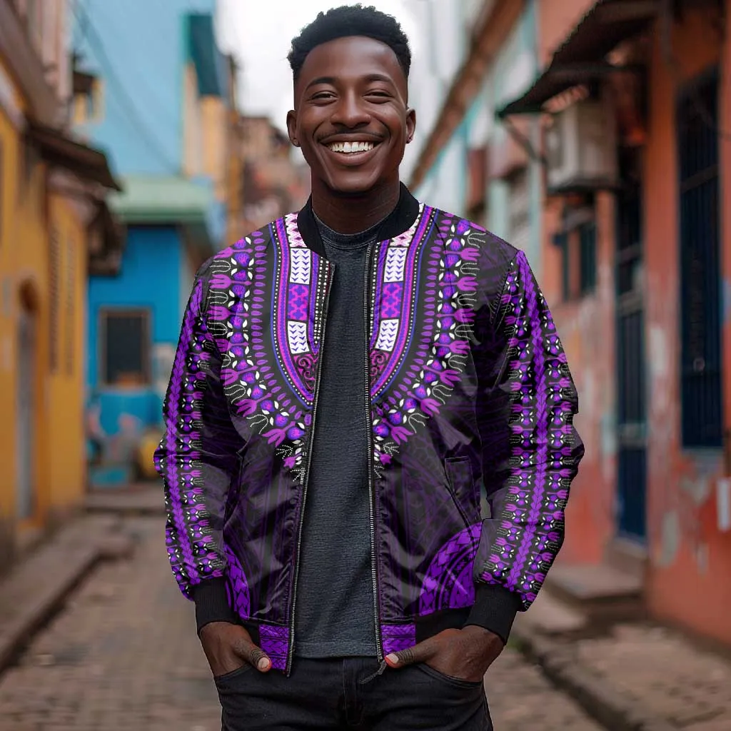 African Dashiki and Polynesian Pattern Bomber Jacket Purple LT9
