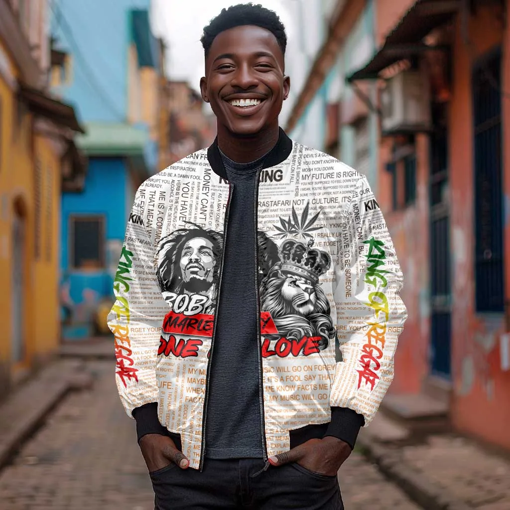 Afro King of Reggae Legend Bob Bomber Jacket Rastafari Lion Cannabis Typography Style DT02