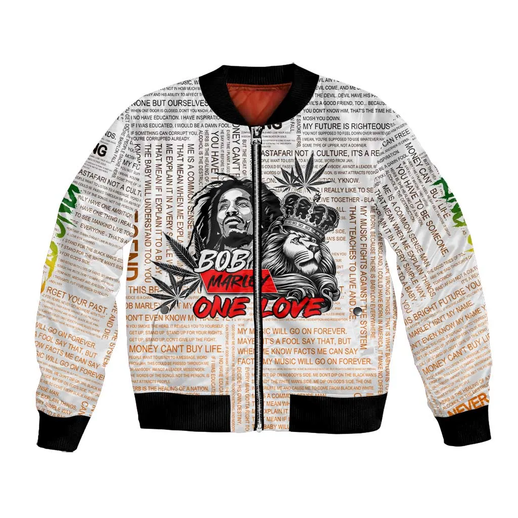 Afro King of Reggae Legend Bob Bomber Jacket Rastafari Lion Cannabis Typography Style DT02