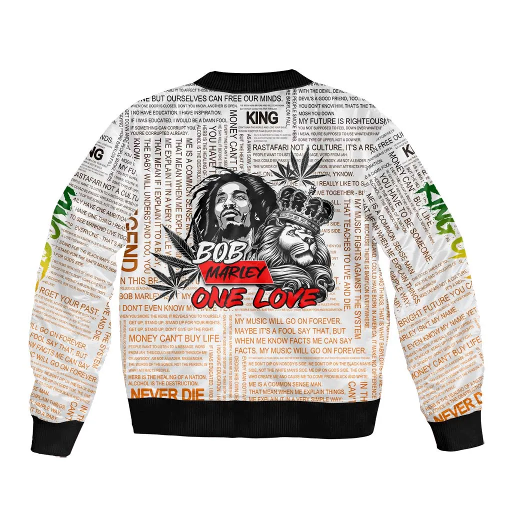 Afro King of Reggae Legend Bob Bomber Jacket Rastafari Lion Cannabis Typography Style DT02