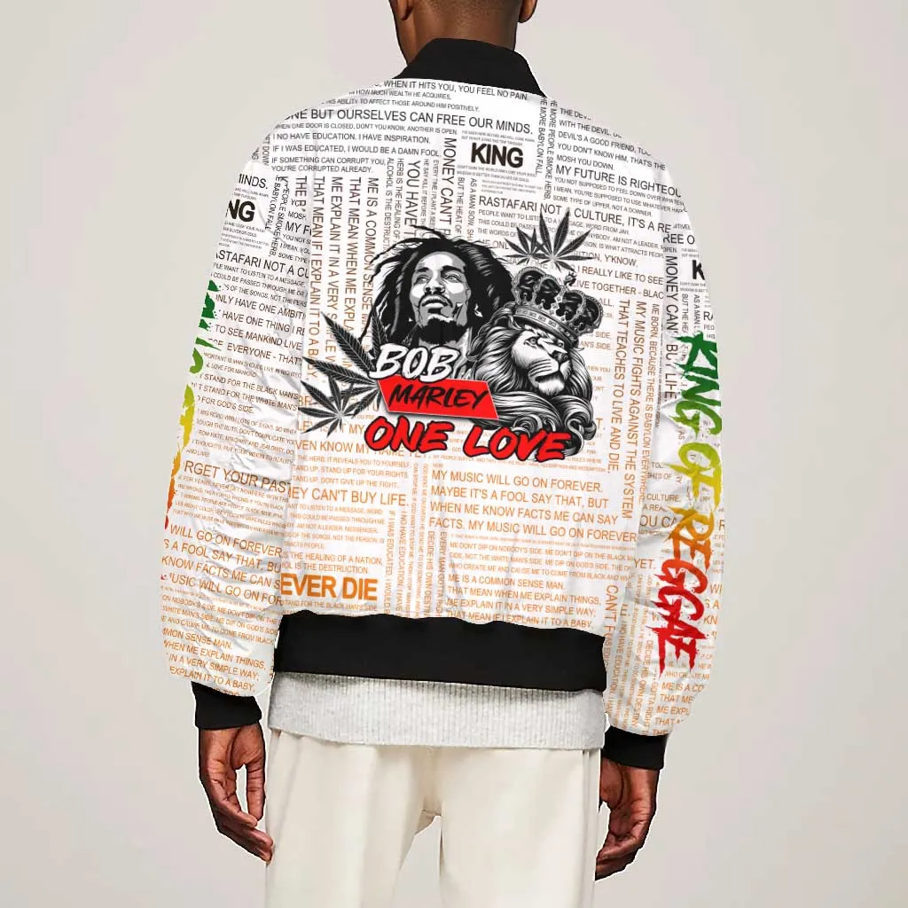 Afro King of Reggae Legend Bob Bomber Jacket Rastafari Lion Cannabis Typography Style DT02