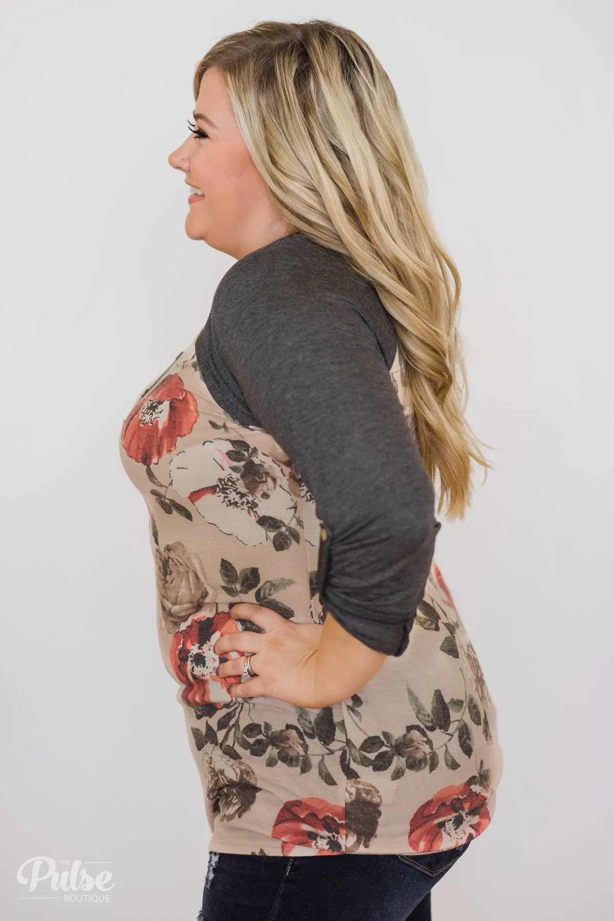 Ahead of the Game Floral Baseball Top- Beige & Charcoal