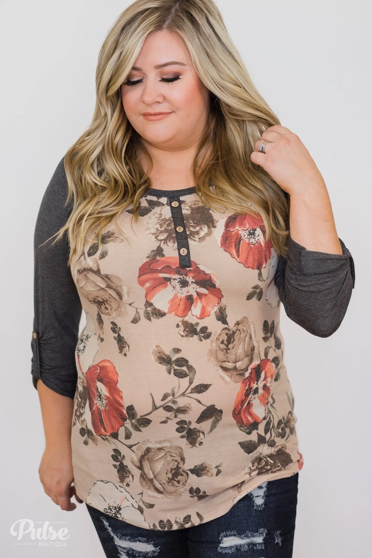 Ahead of the Game Floral Baseball Top- Beige & Charcoal