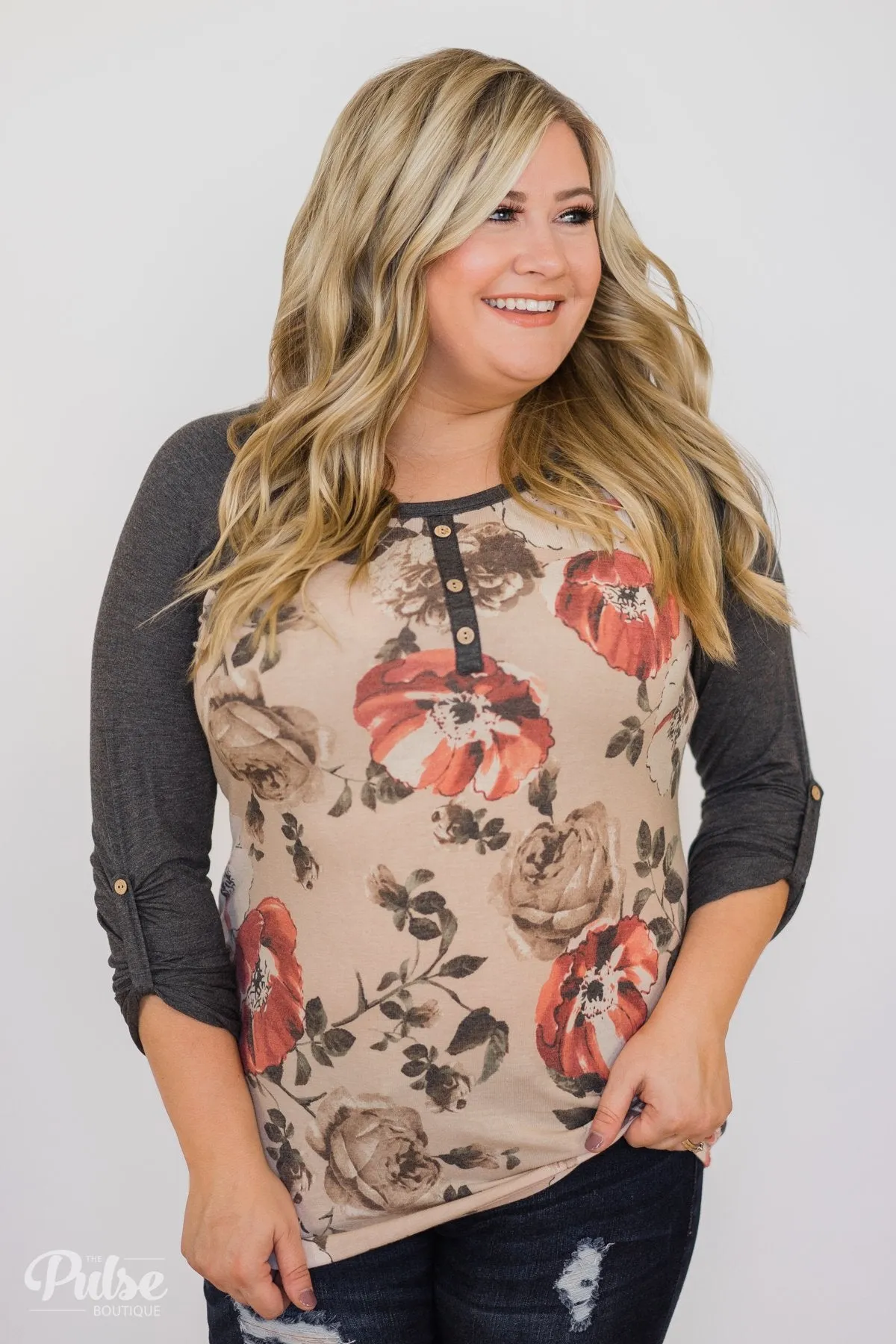 Ahead of the Game Floral Baseball Top- Beige & Charcoal