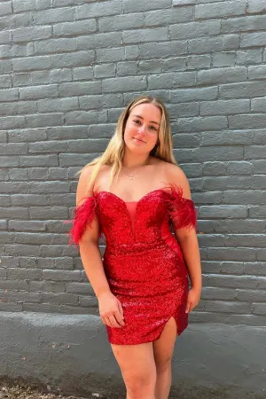 Alberta | Red Plunging Off-the-Shoulder Sequins Homecoming Dress with Feathers