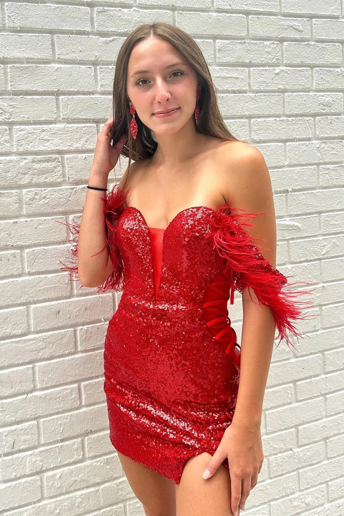Alberta | Red Plunging Off-the-Shoulder Sequins Homecoming Dress with Feathers