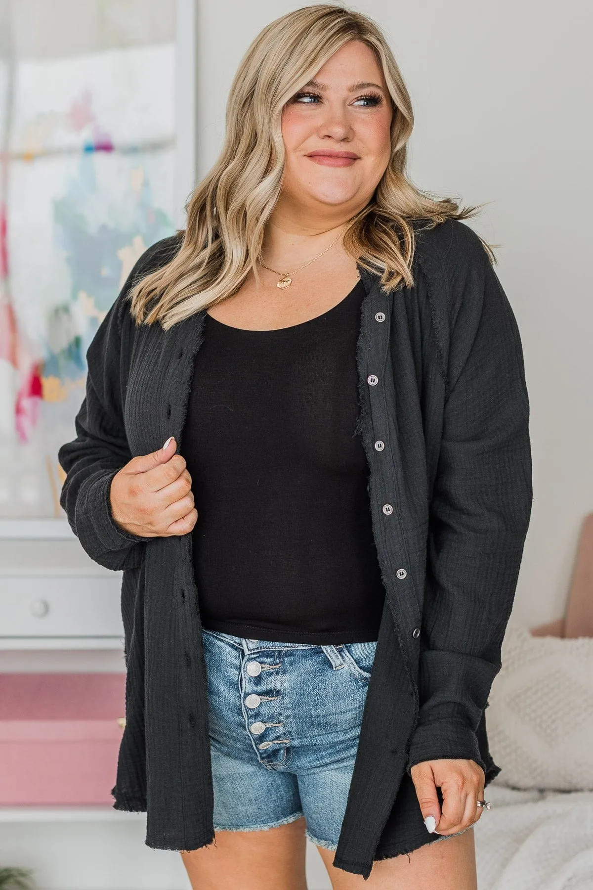 All Around Amazed Button Top- Black