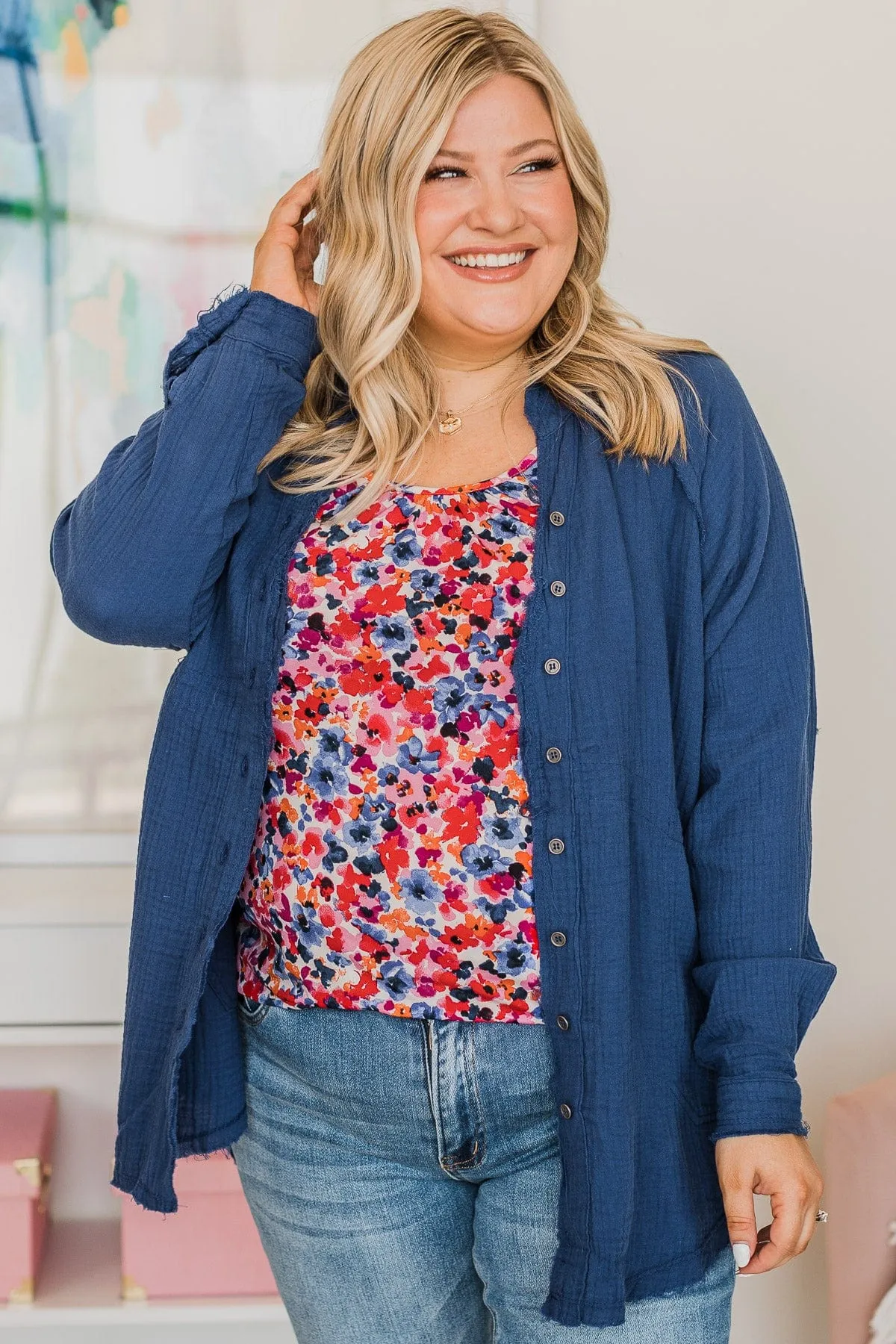 All Around Amazed Button Top- Navy