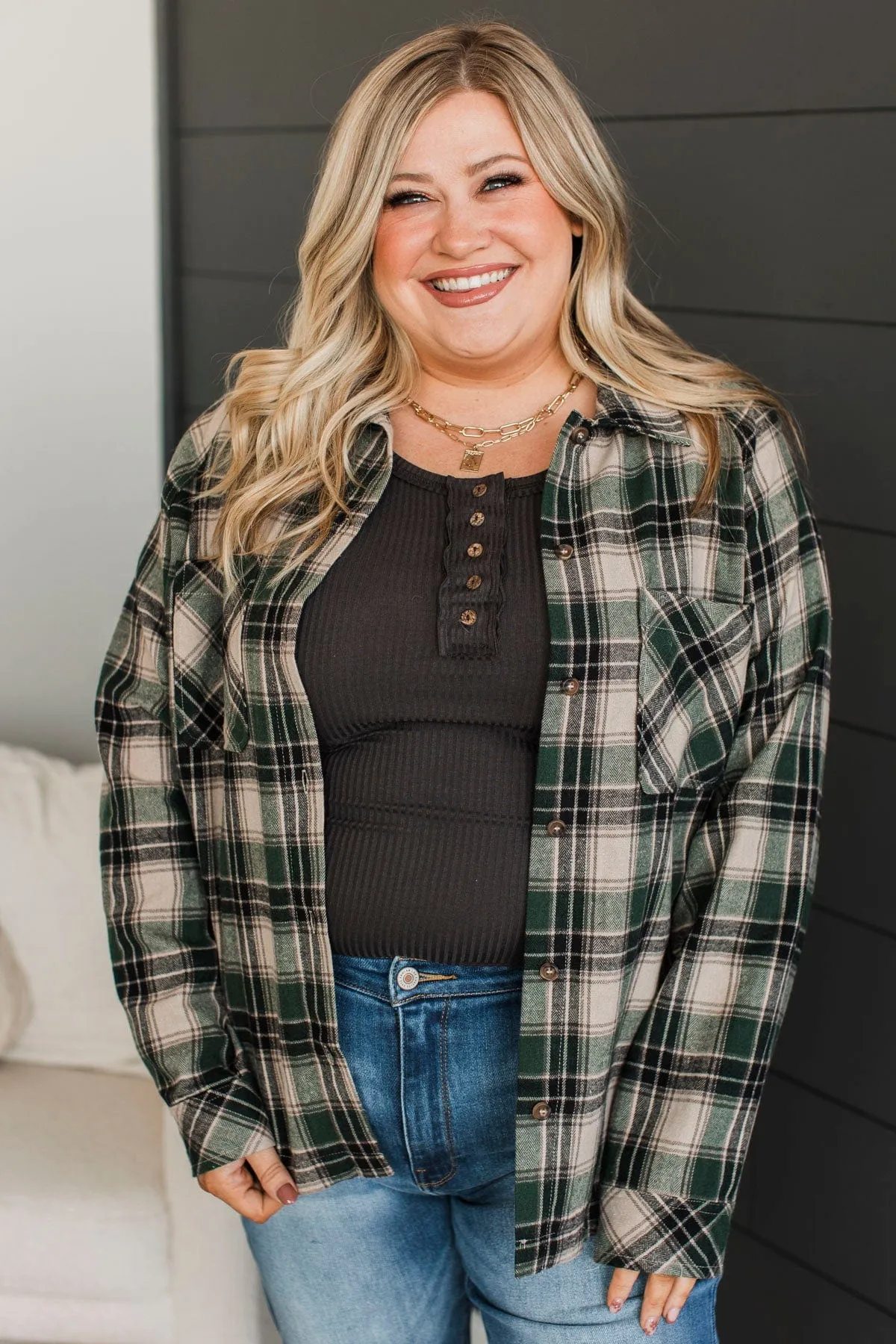 All The Signs Plaid Button Top- Hunter Green
