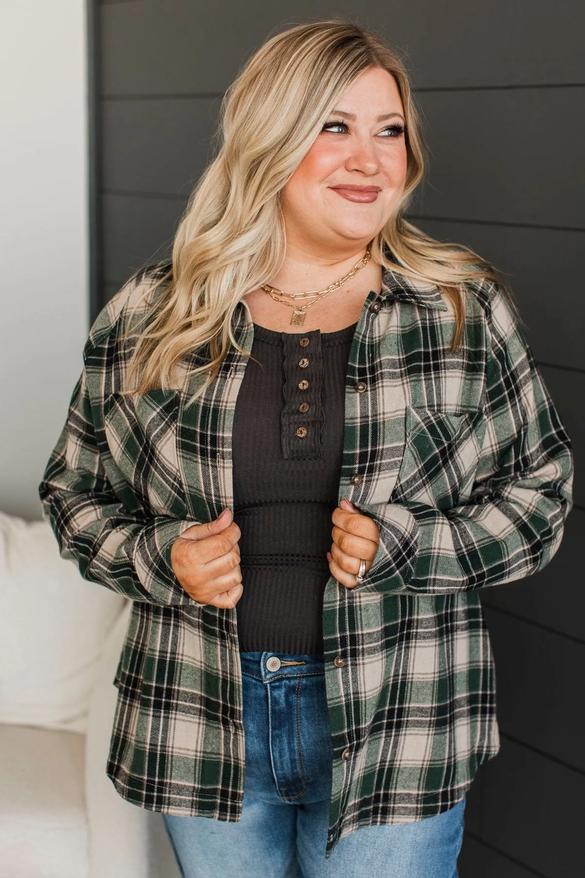 All The Signs Plaid Button Top- Hunter Green