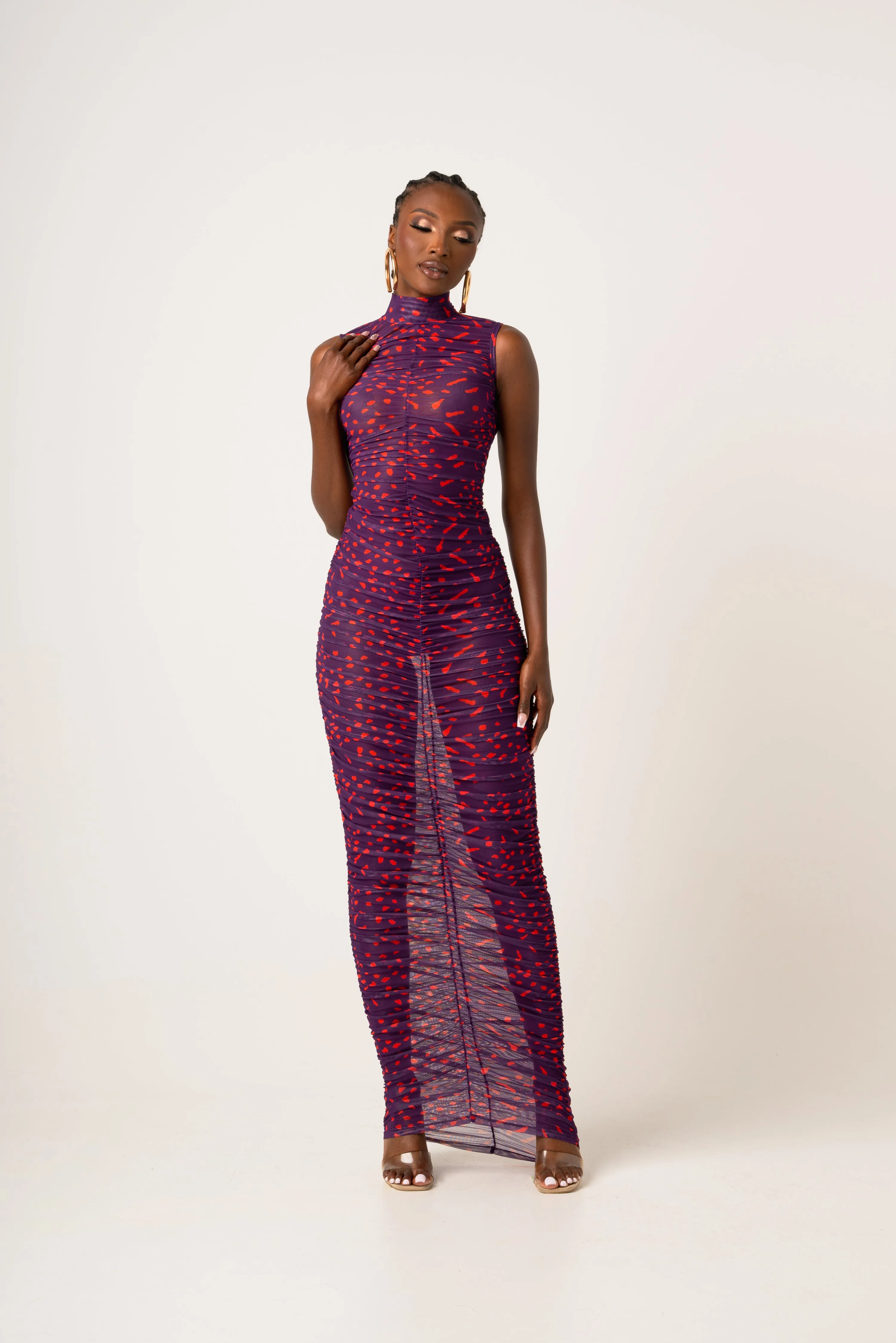 AMINAH RUCHED MAXI MESH DRESS