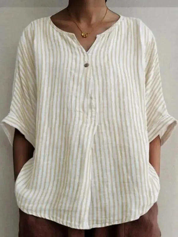 Angela - Apricot white V-neck blouse with stripe print and half sleeves