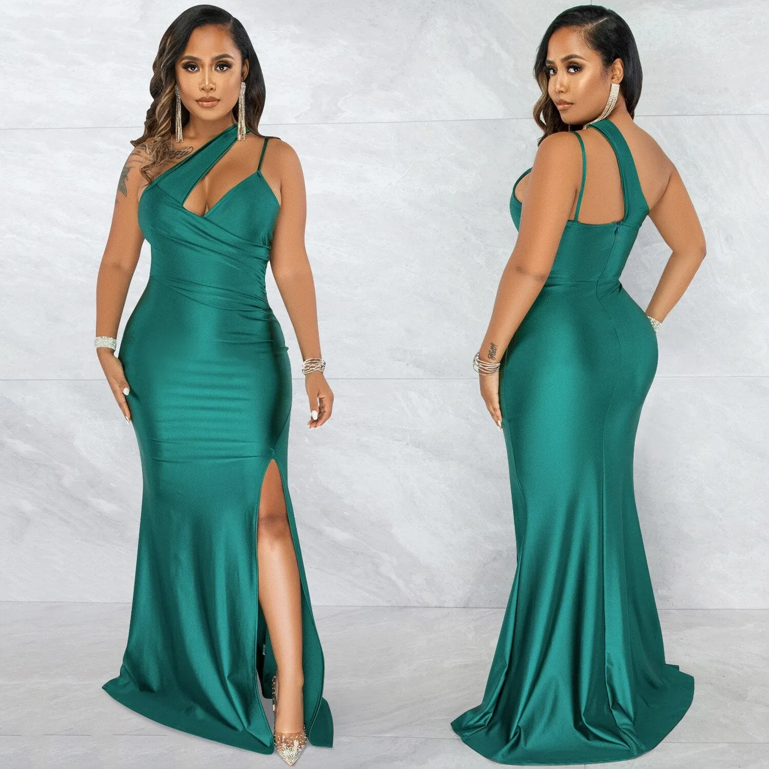 ANJAMANOR Black Cutout One Shoulder Backless Split Long Maxi Dress