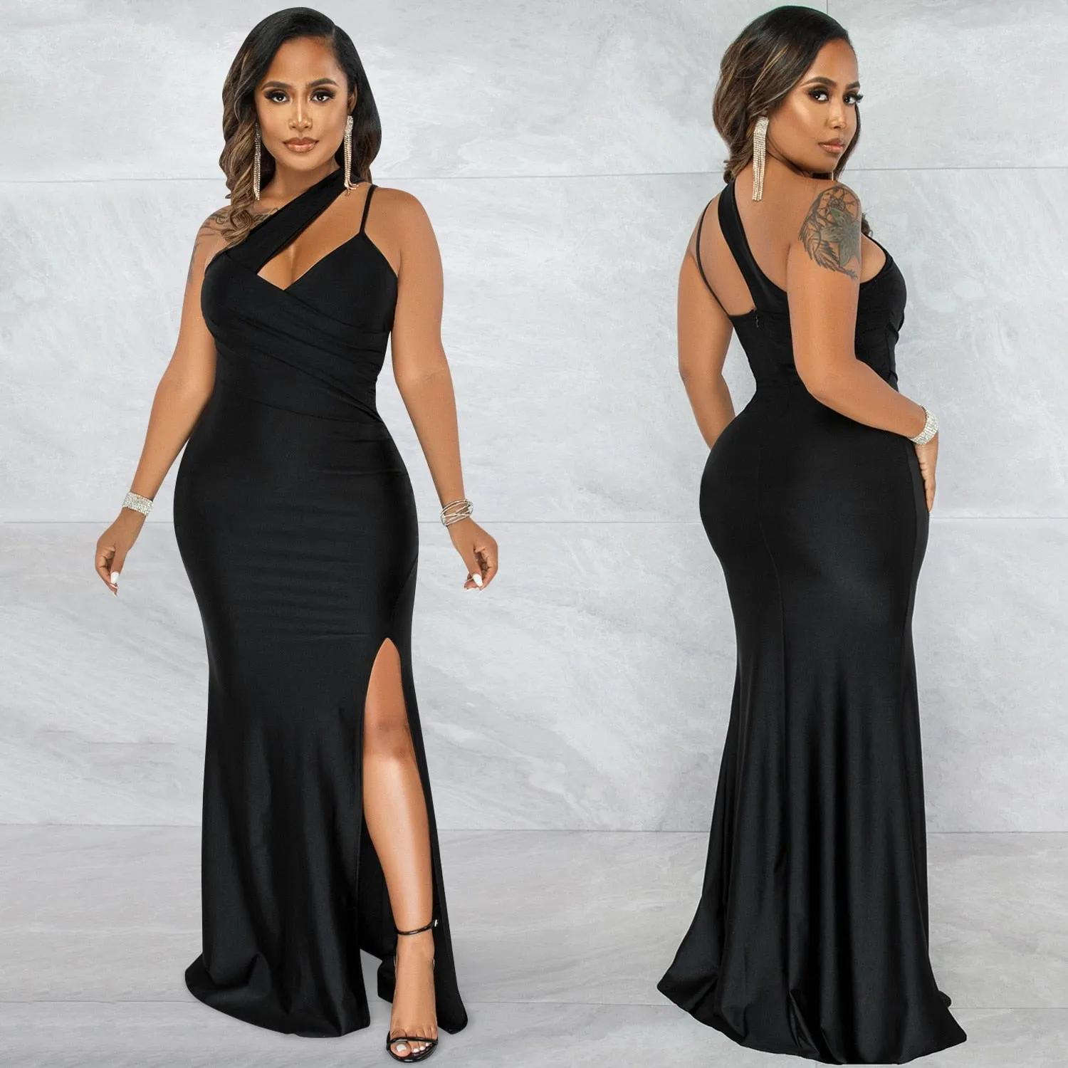 ANJAMANOR Black Cutout One Shoulder Backless Split Long Maxi Dress