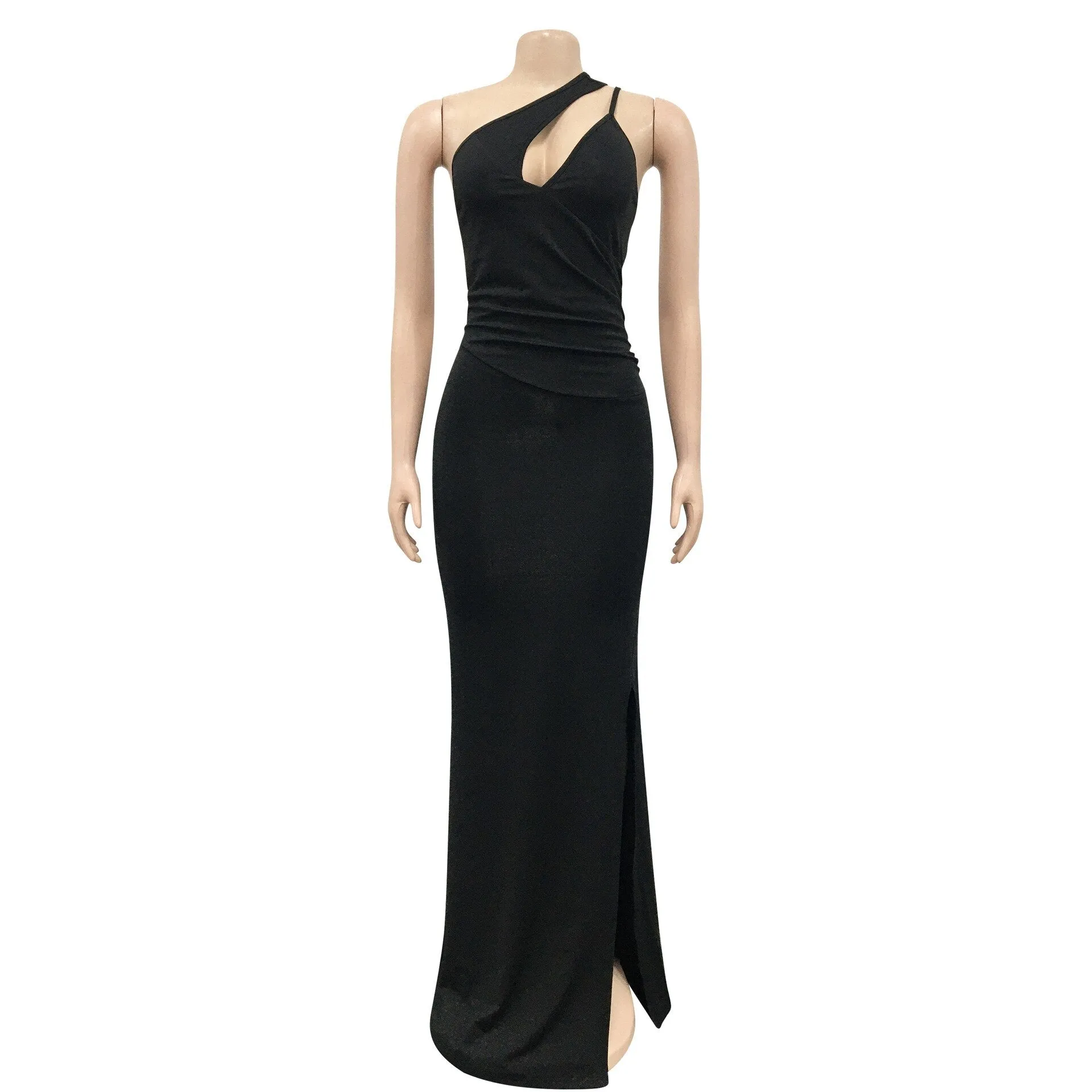 ANJAMANOR Black Cutout One Shoulder Backless Split Long Maxi Dress