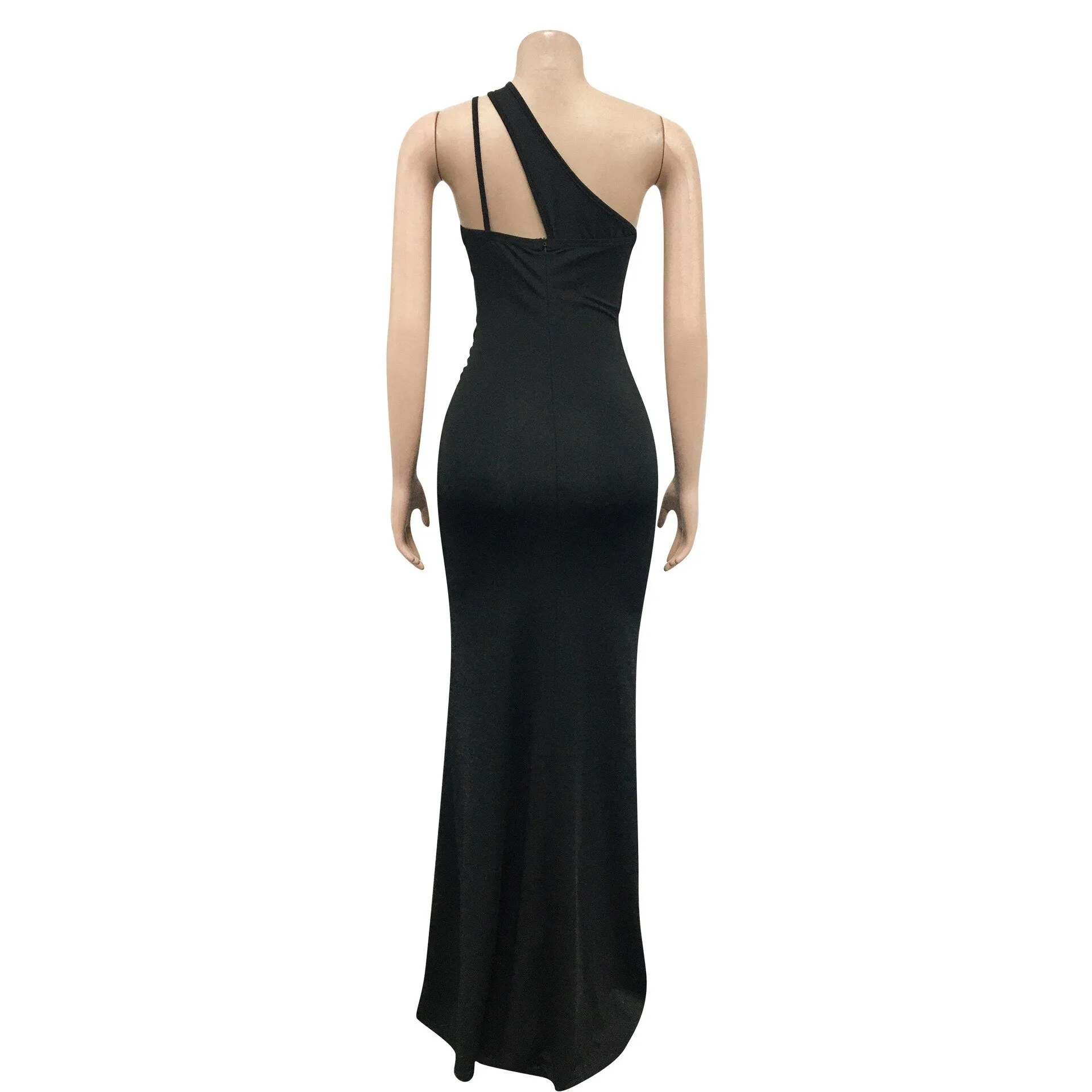 ANJAMANOR Black Cutout One Shoulder Backless Split Long Maxi Dress