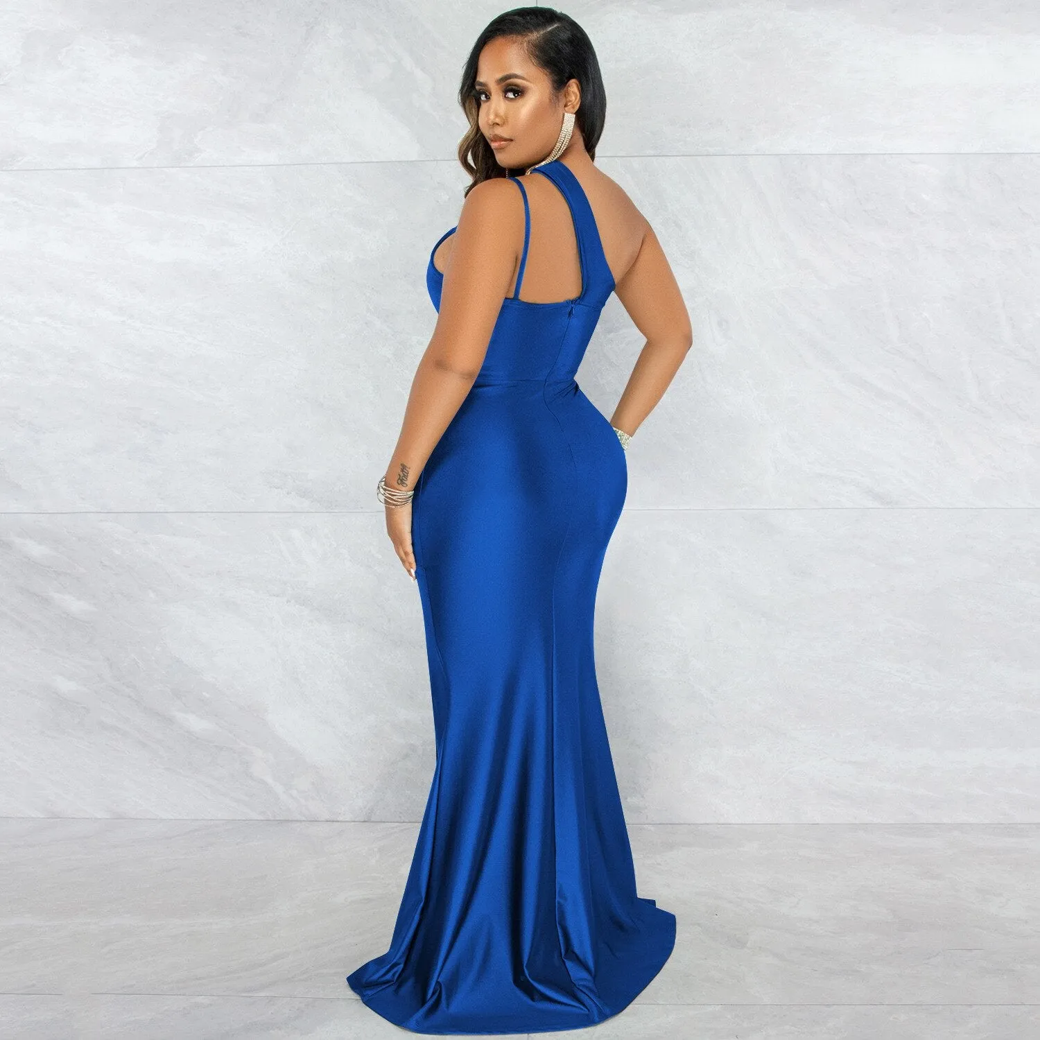 ANJAMANOR Black Cutout One Shoulder Backless Split Long Maxi Dress
