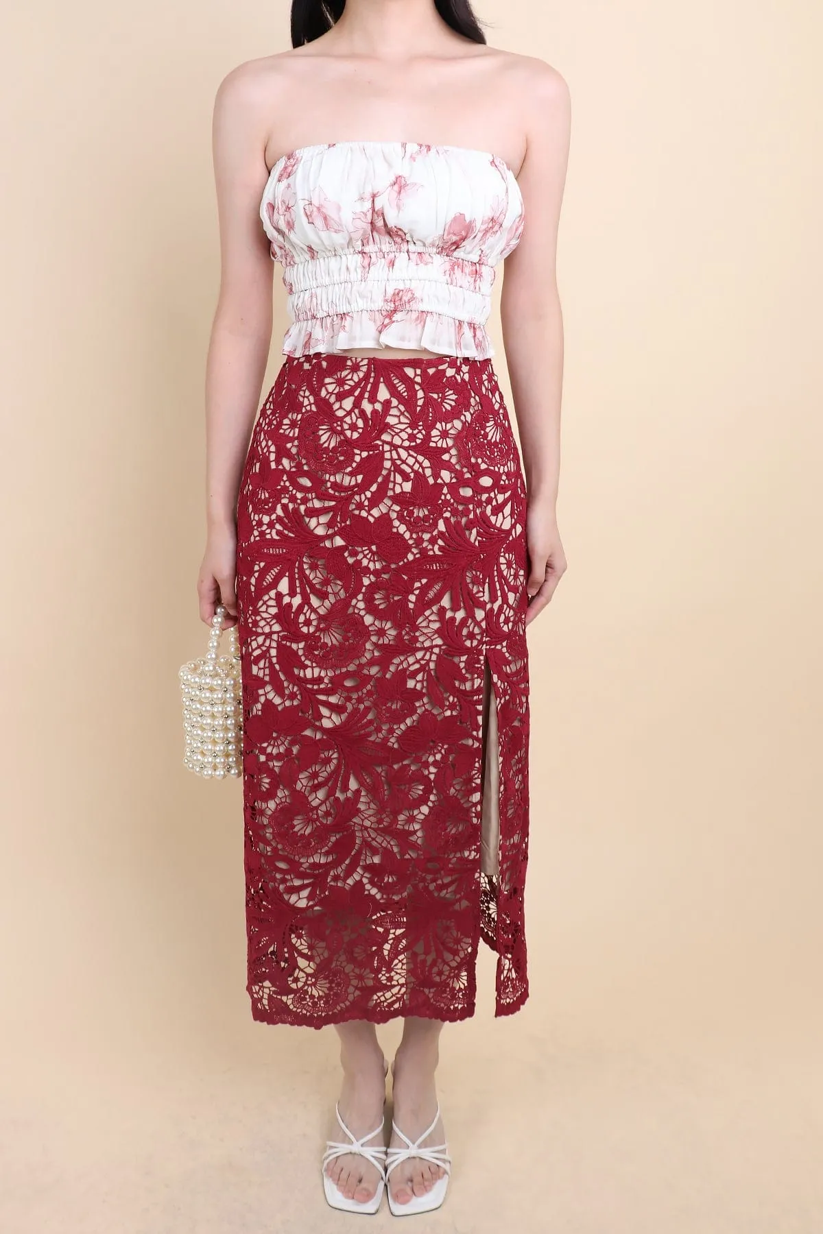 ANTOINETTE CROCHET SLIT MIDI SKIRT IN WINE