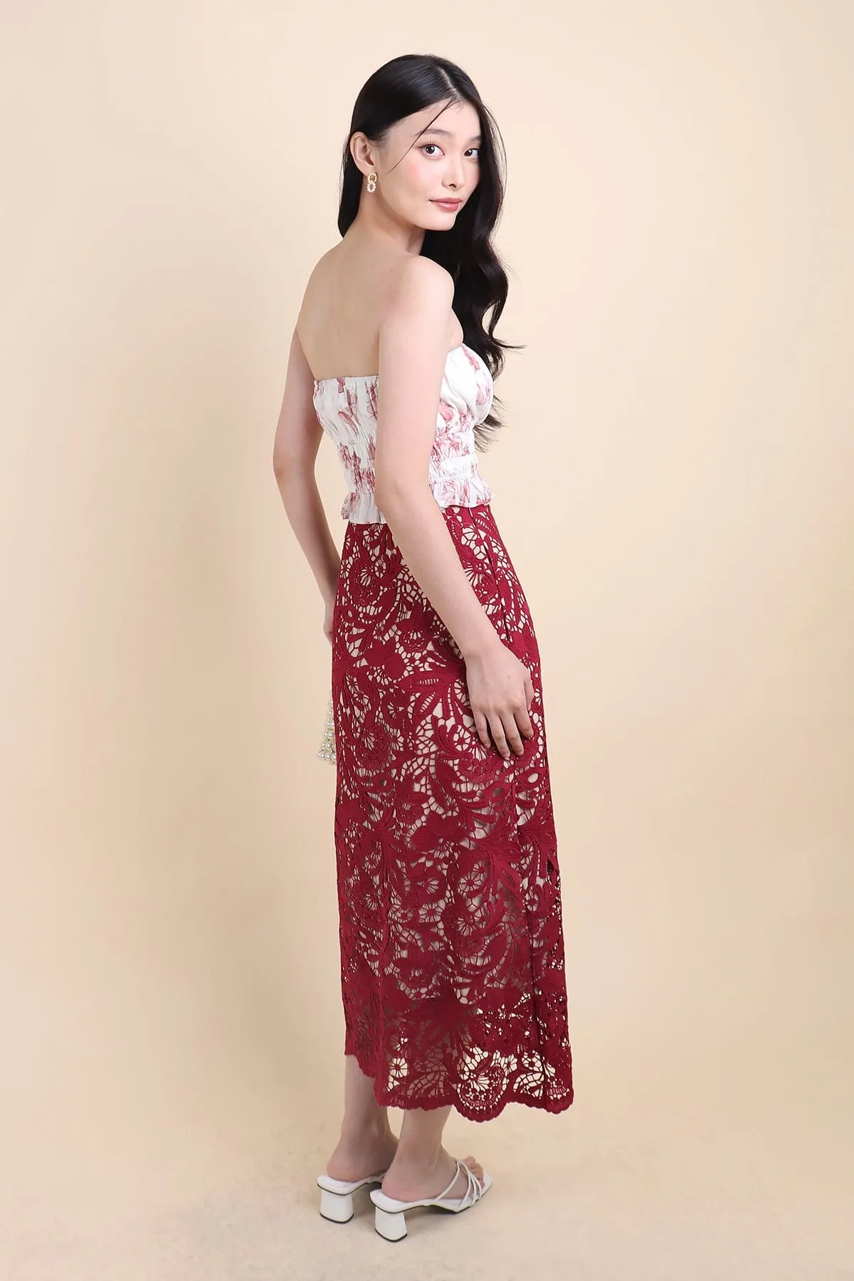 ANTOINETTE CROCHET SLIT MIDI SKIRT IN WINE