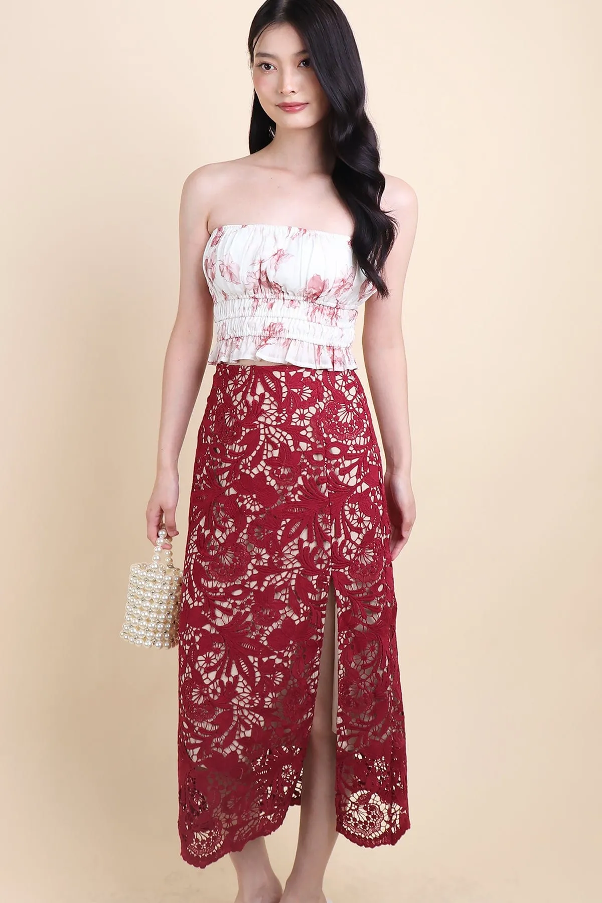 ANTOINETTE CROCHET SLIT MIDI SKIRT IN WINE
