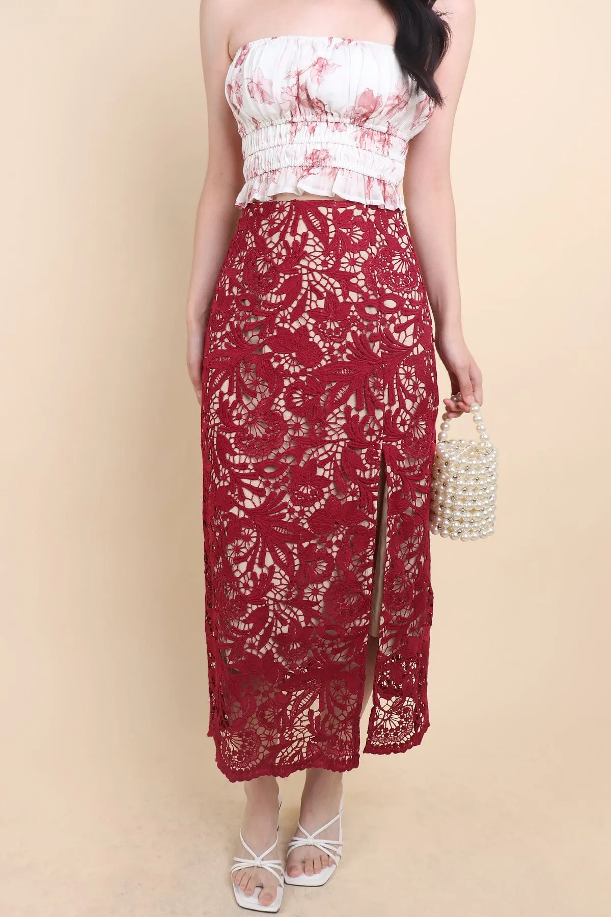 ANTOINETTE CROCHET SLIT MIDI SKIRT IN WINE