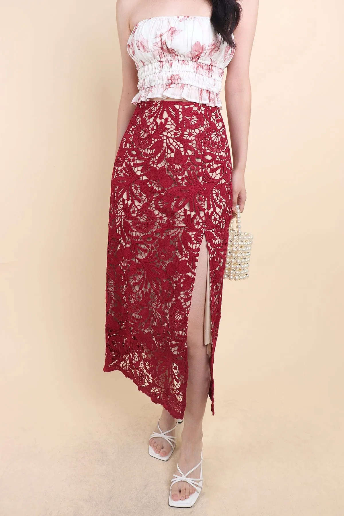 ANTOINETTE CROCHET SLIT MIDI SKIRT IN WINE