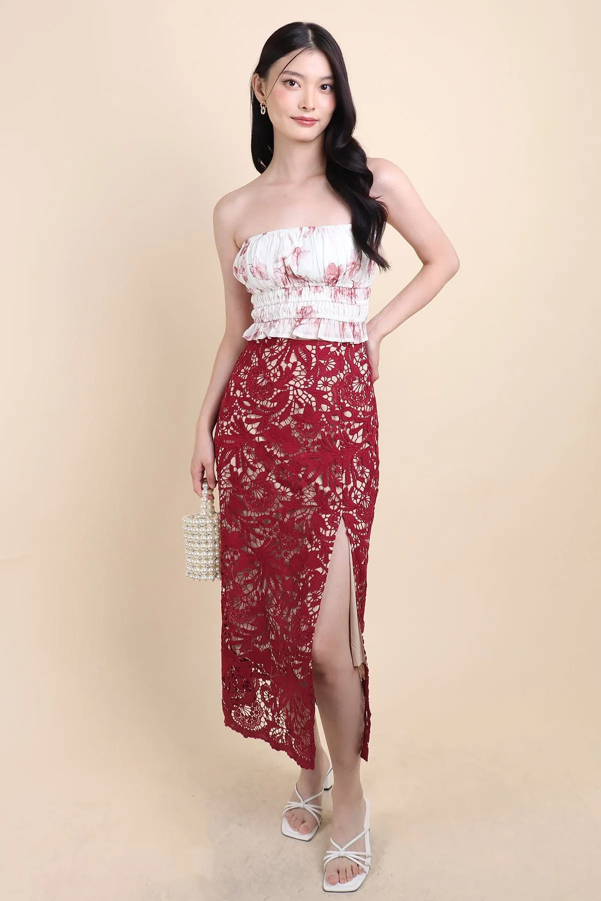 ANTOINETTE CROCHET SLIT MIDI SKIRT IN WINE