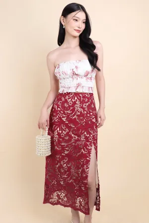 ANTOINETTE CROCHET SLIT MIDI SKIRT IN WINE