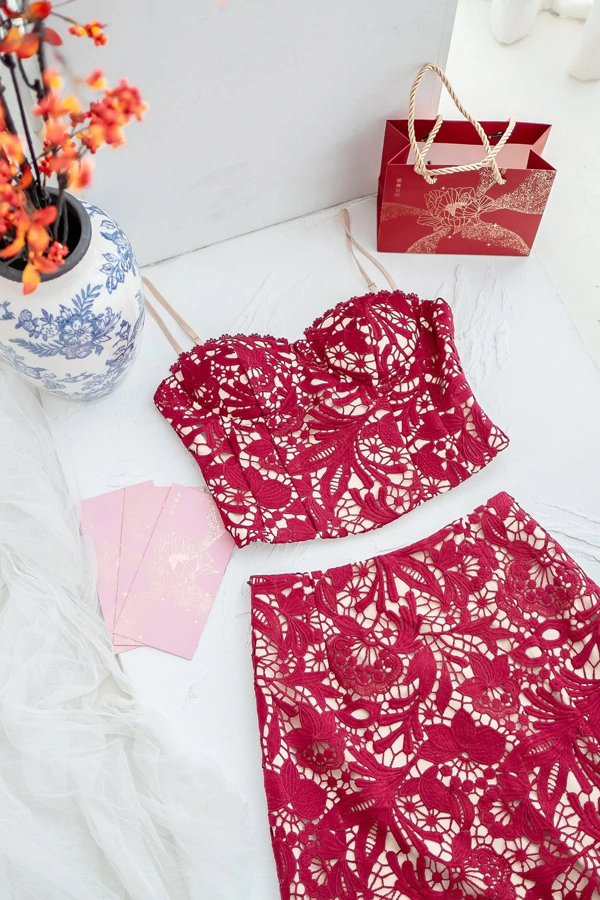ANTOINETTE CROCHET SLIT MIDI SKIRT IN WINE