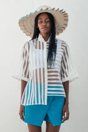 Asymmetrical mandarin shirt w/ short sleeves