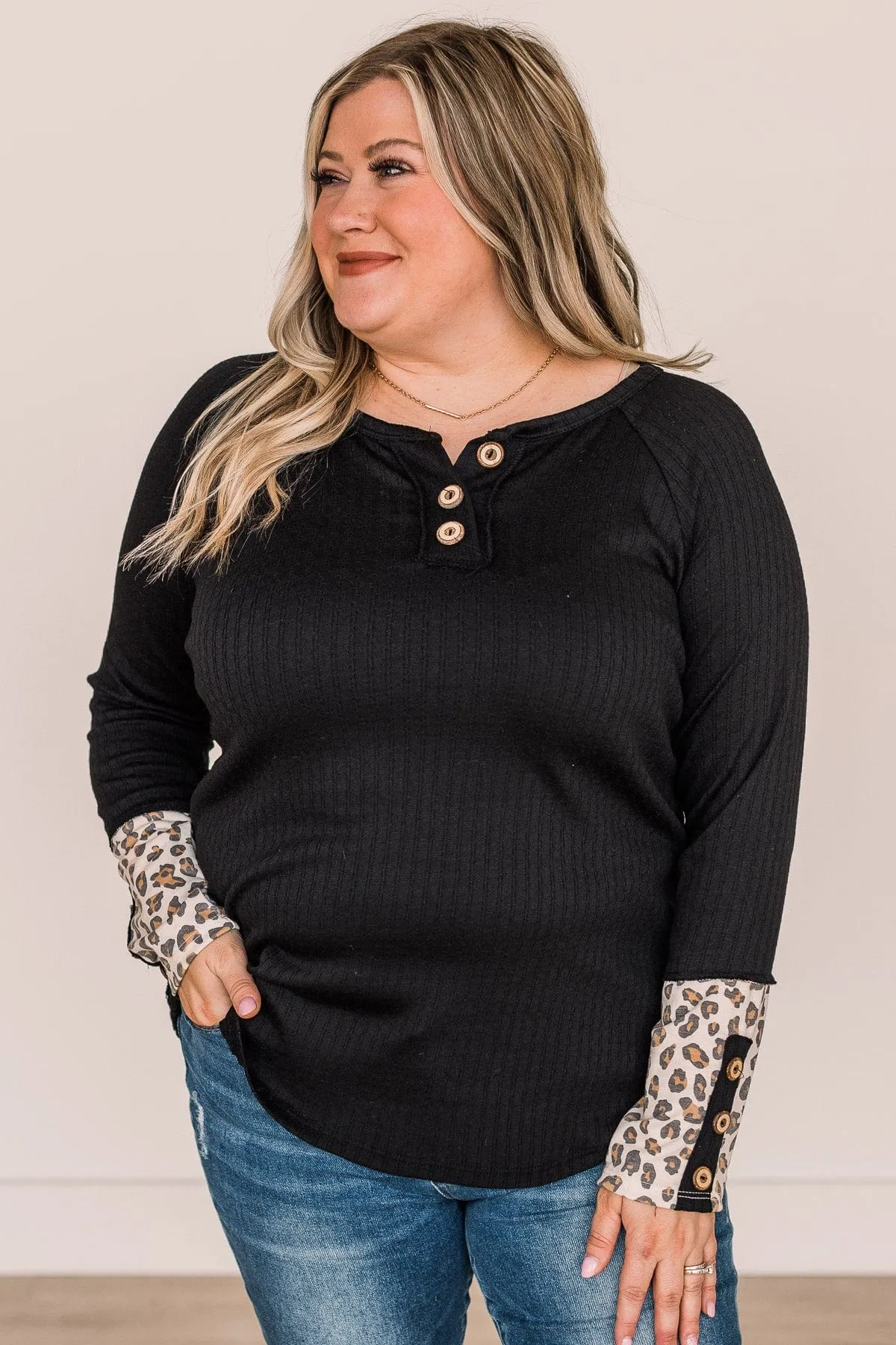 At My Happiest Button Knit Top- Black