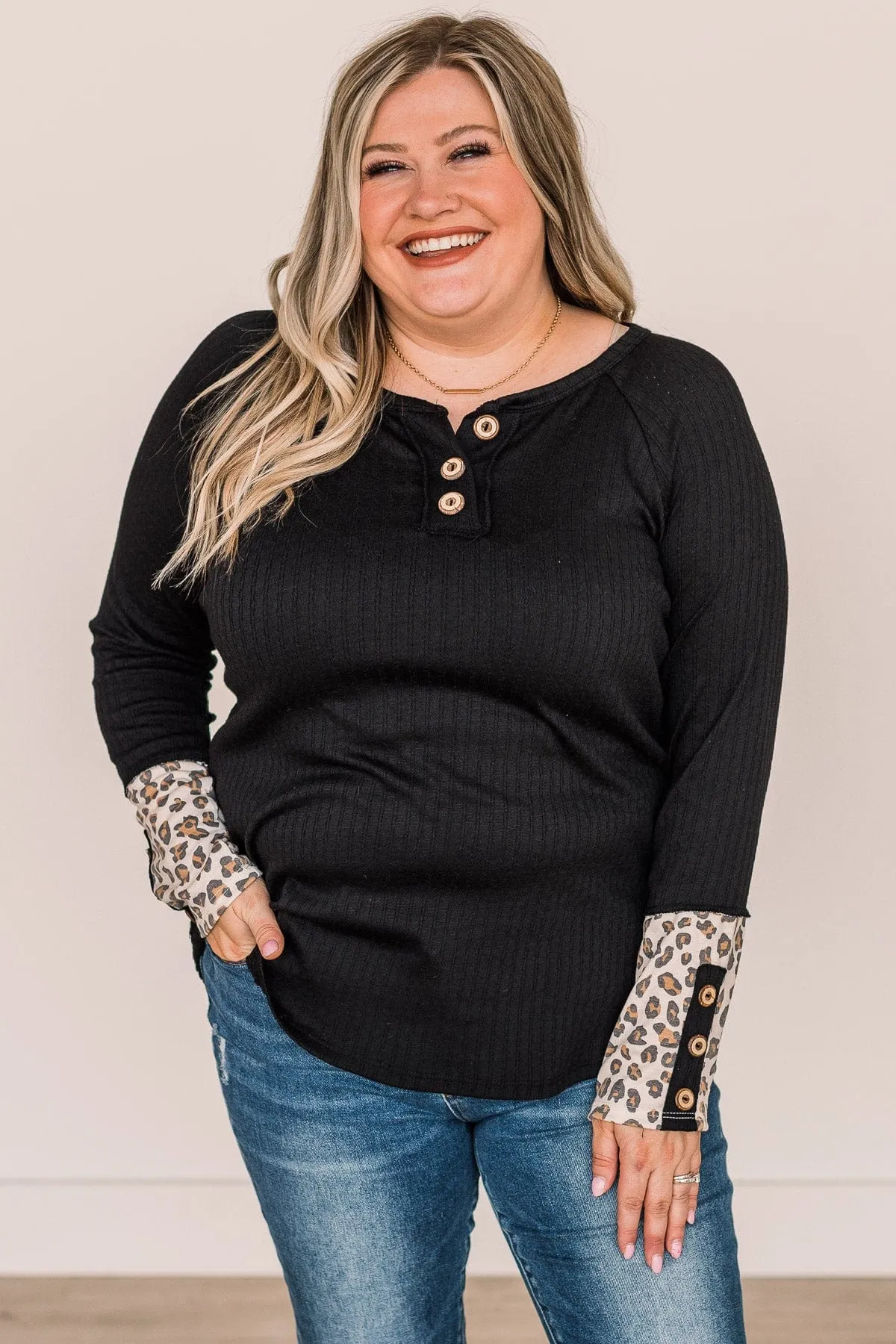 At My Happiest Button Knit Top- Black