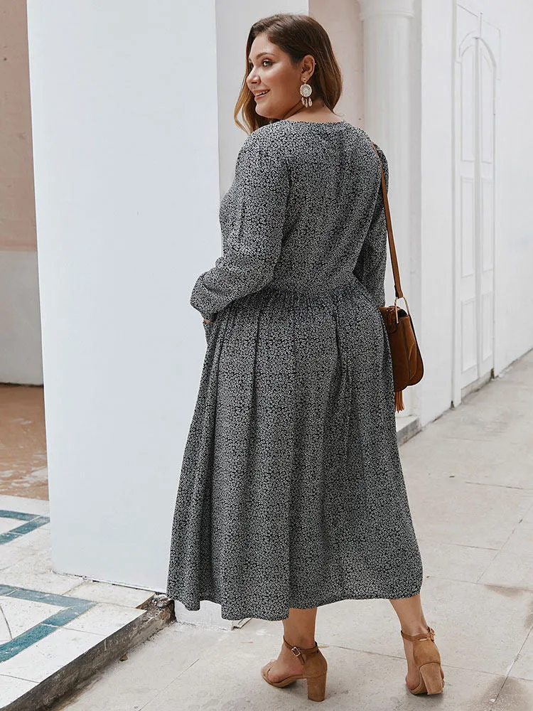 Autumn and Winter Floral Long-sleeved Dress Sexy V-neck
