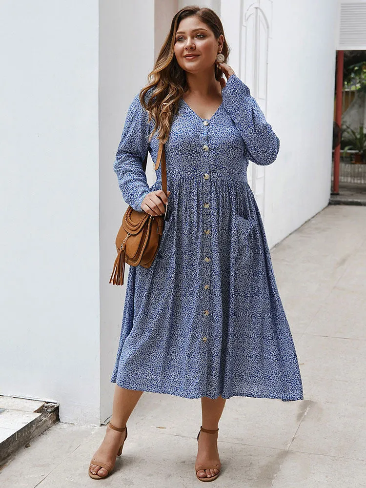 Autumn and Winter Floral Long-sleeved Dress Sexy V-neck