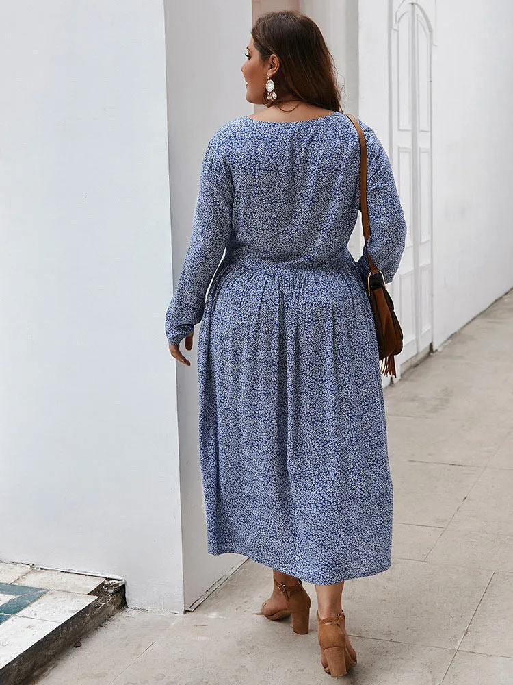 Autumn and Winter Floral Long-sleeved Dress Sexy V-neck