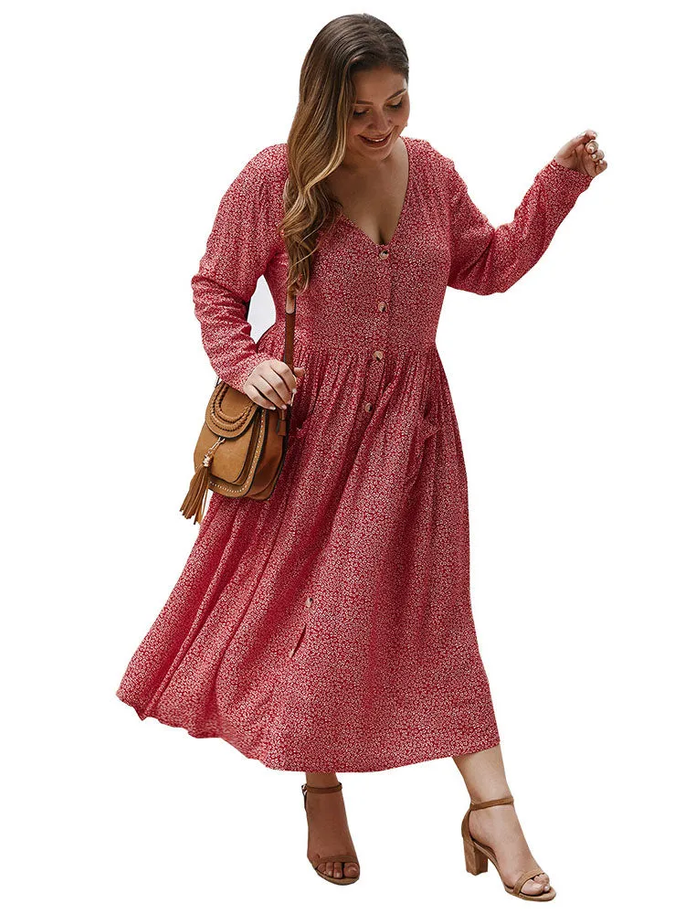 Autumn and Winter Floral Long-sleeved Dress Sexy V-neck
