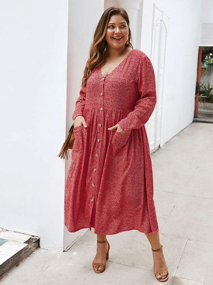 Autumn and Winter Floral Long-sleeved Dress Sexy V-neck