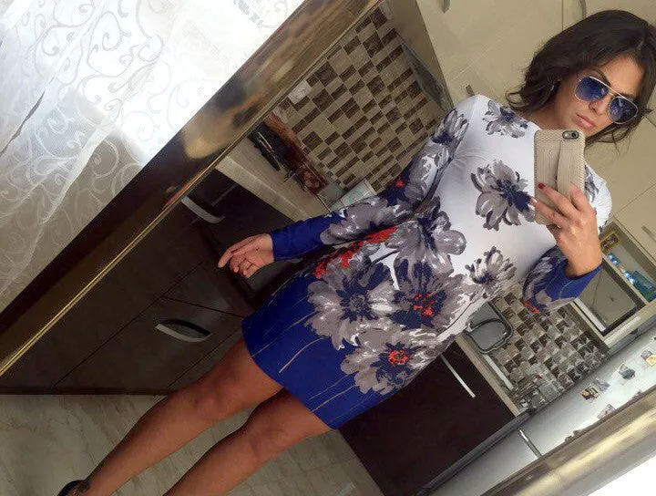 Autumn Dresses Colorful Print Flowers Black Women Office Dresses Party Mini Dress Vestidos Robes Sheath Ladies Vestidos