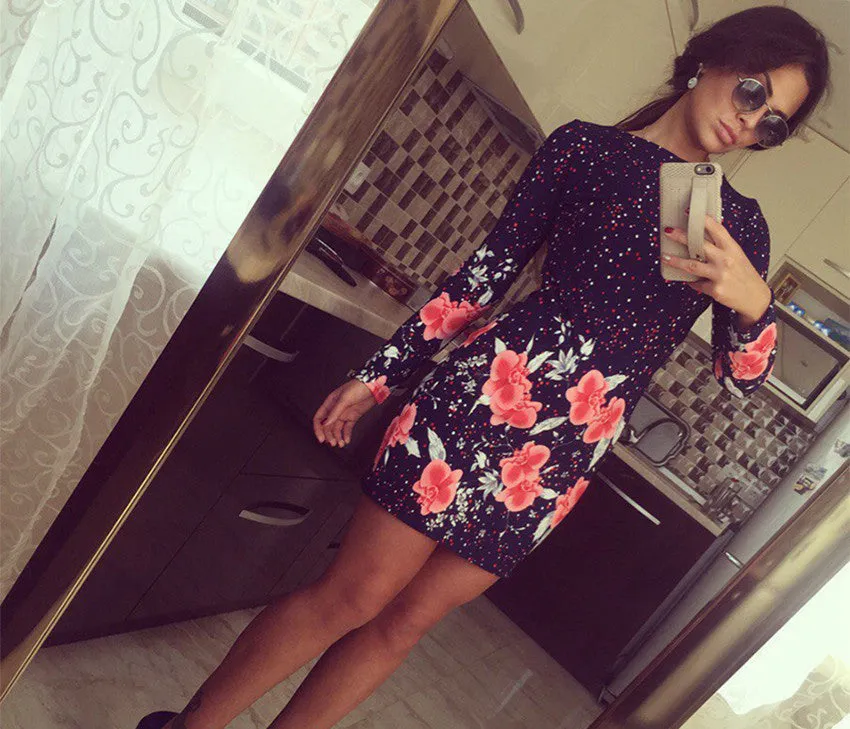 Autumn Dresses Colorful Print Flowers Black Women Office Dresses Party Mini Dress Vestidos Robes Sheath Ladies Vestidos
