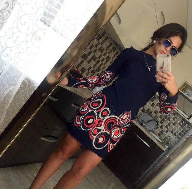 Autumn Dresses Colorful Print Flowers Black Women Office Dresses Party Mini Dress Vestidos Robes Sheath Ladies Vestidos