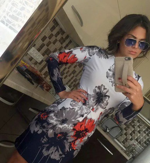 Autumn Dresses Colorful Print Flowers Black Women Office Dresses Party Mini Dress Vestidos Robes Sheath Ladies Vestidos
