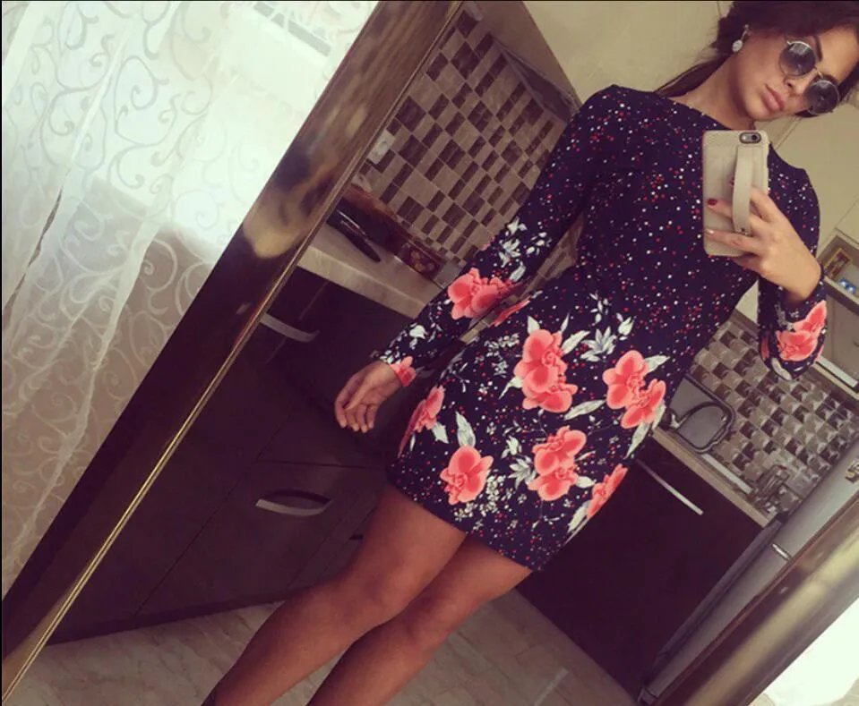 Autumn Dresses Colorful Print Flowers Black Women Office Dresses Party Mini Dress Vestidos Robes Sheath Ladies Vestidos