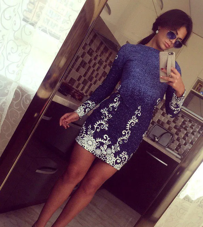 Autumn Dresses Colorful Print Flowers Black Women Office Dresses Party Mini Dress Vestidos Robes Sheath Ladies Vestidos